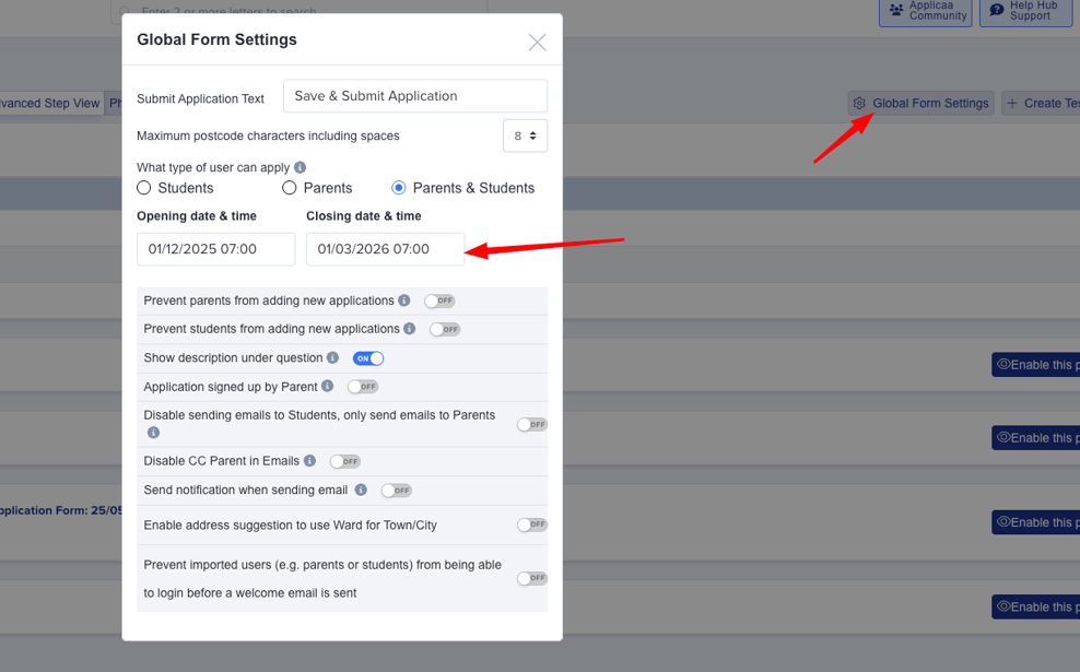 How to open and close your application form