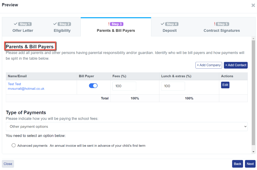 Offer Contract Phase - Bill Payer Settings