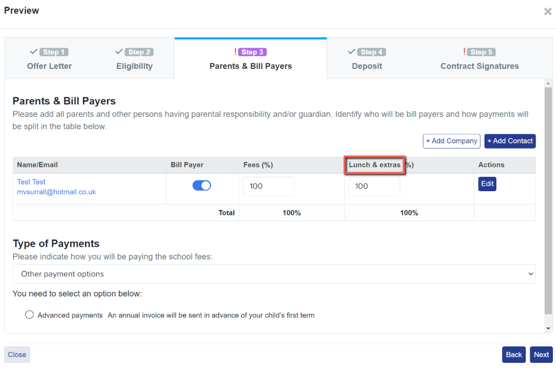 Fees Header Offer Contract Phase - Bill Payer Settings